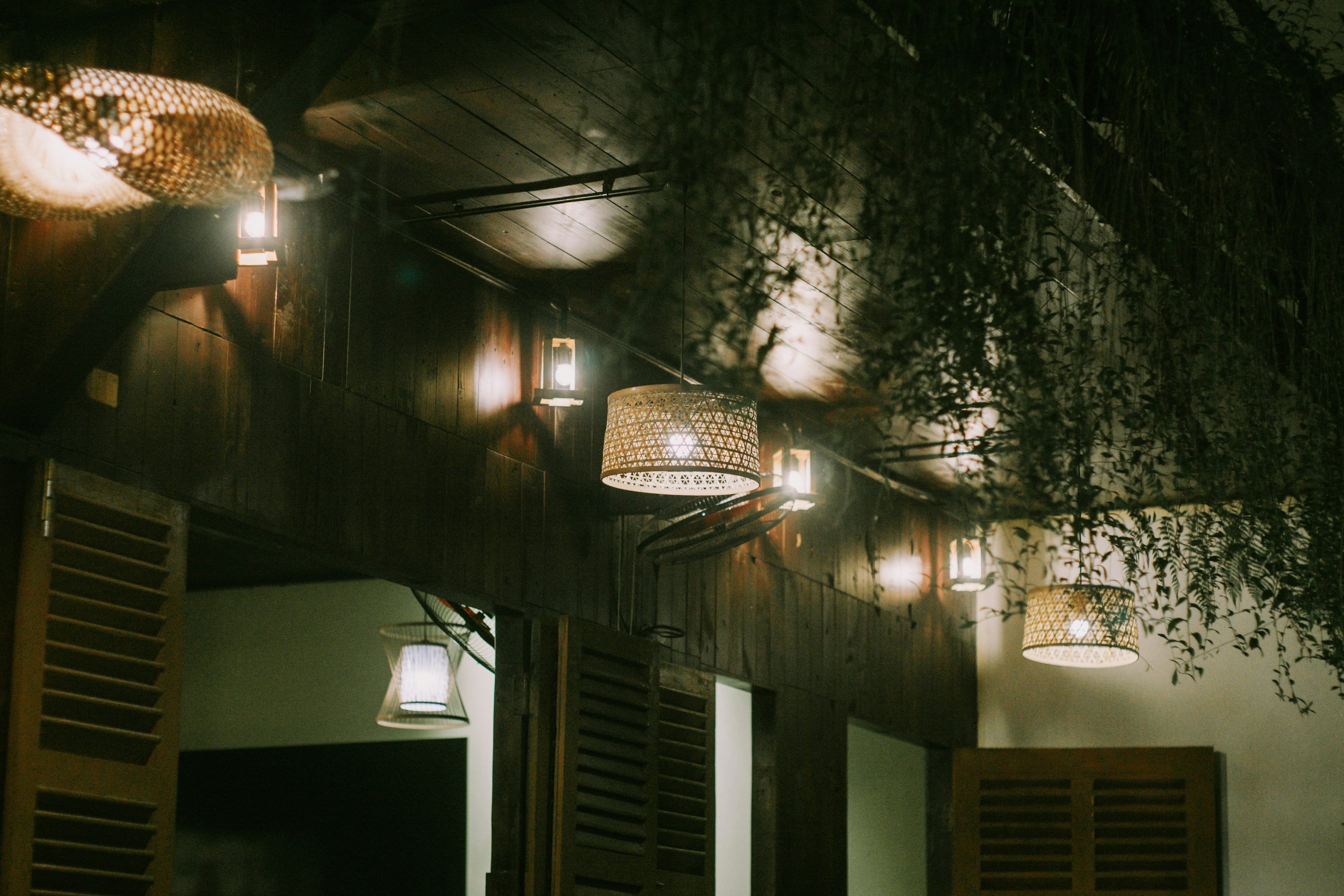 Espace architectural sombre : bois, végétation suspendue et lampes ambrées